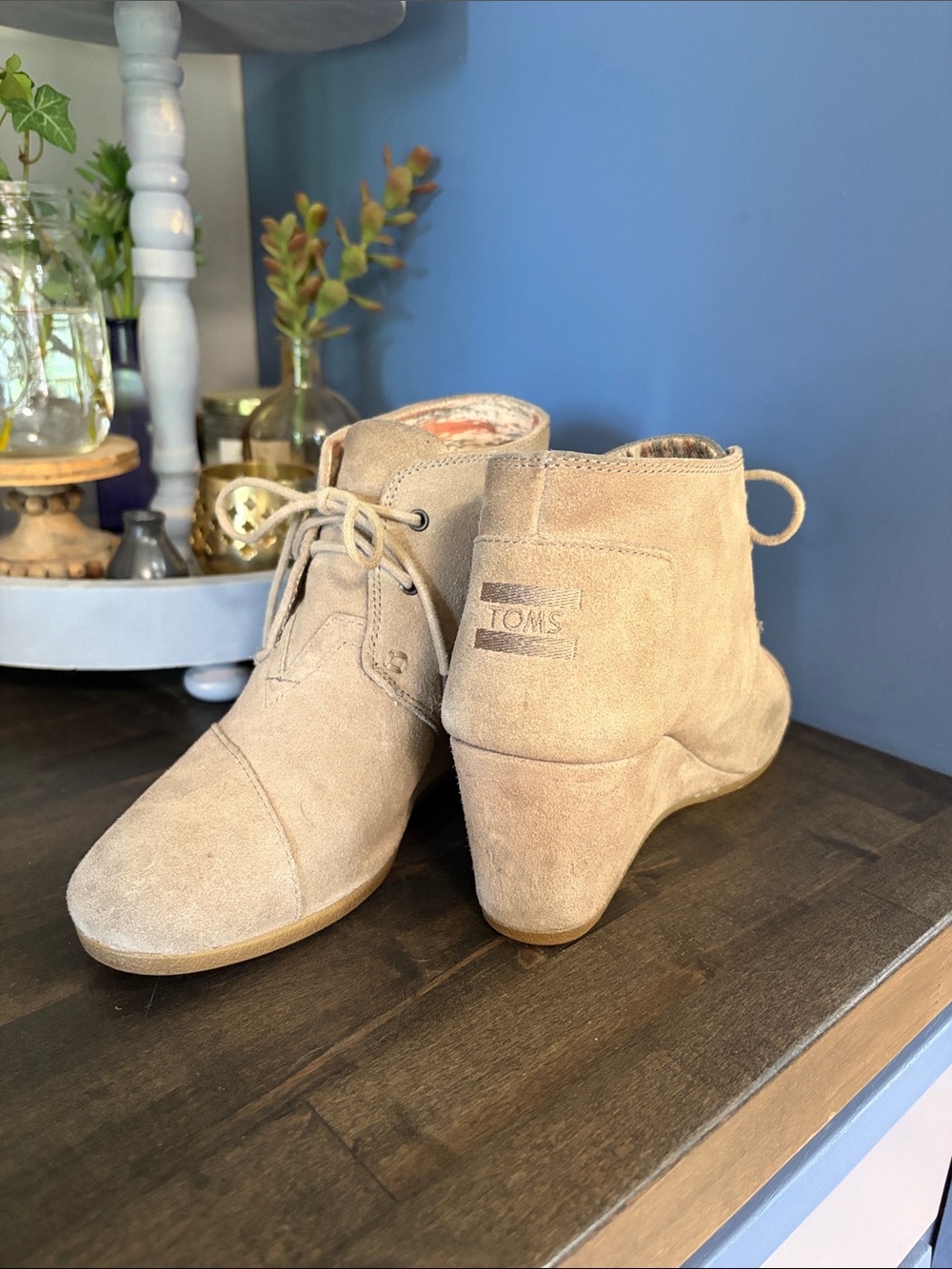 TOMS Beige Suede Lace-Up Wedge Booties